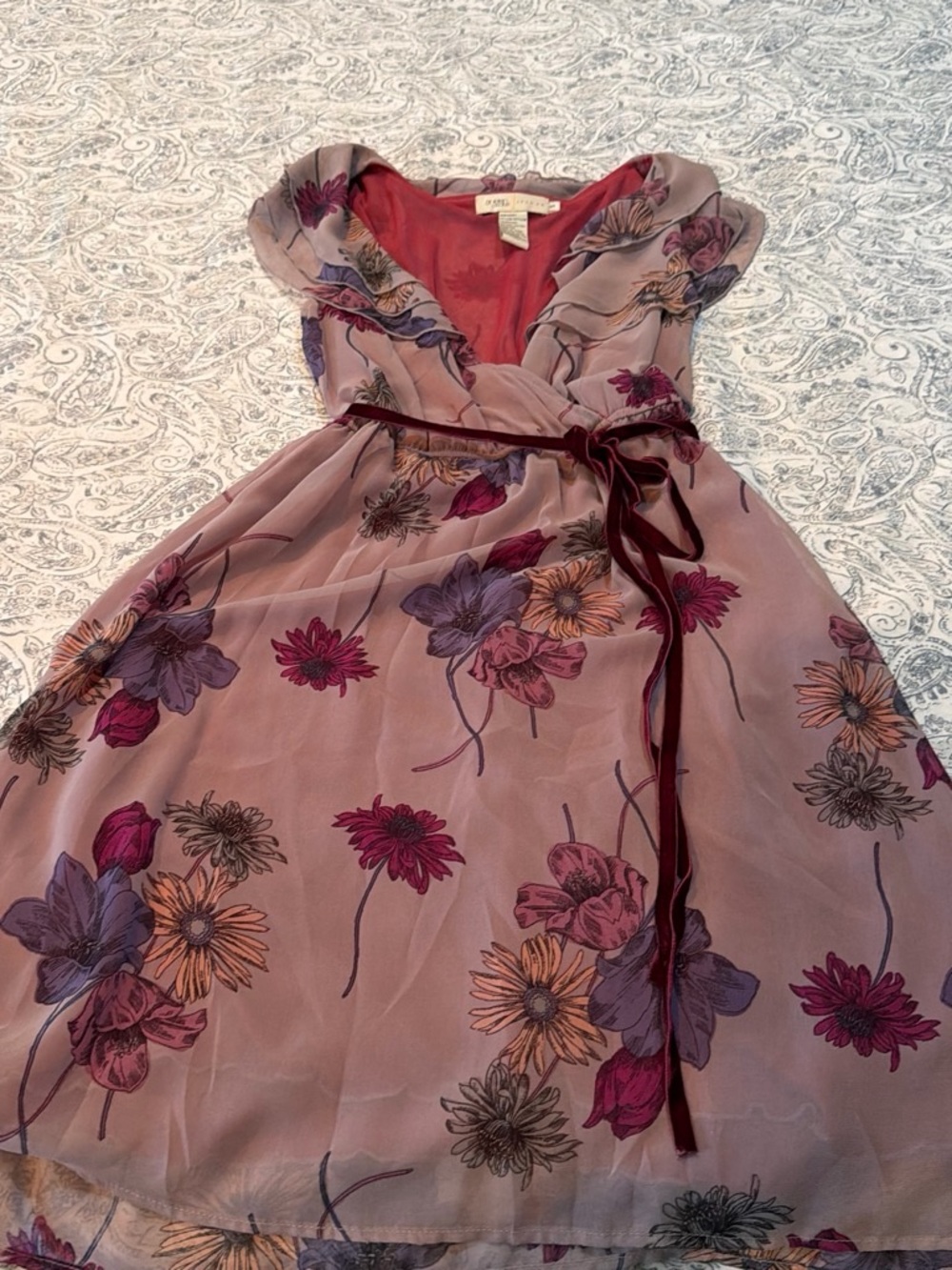 Girls Floral Mauve Party Dress with Velvet Waist Tie